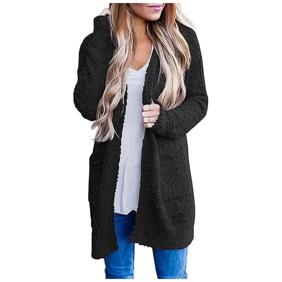 Sweaters - Women's Long Sleeve Soft Chunky Knit Sweater Open Front Cardigans Black
